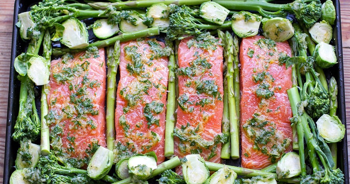 Sheet Pan Salmon & Green Vegetables With Herb Garlic Sauce