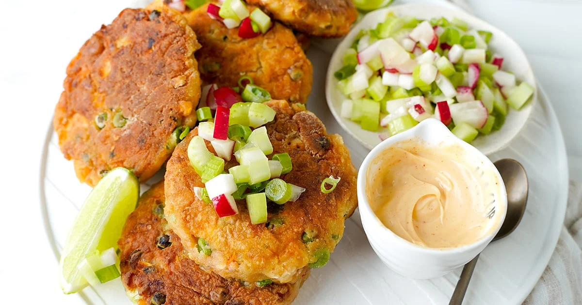 Salmon Fish Cakes With Sweet Potatoes & Peas