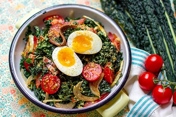 Paleo Kale Caesar Salad With Cherry Tomatoes & Soft-Boiled Egg