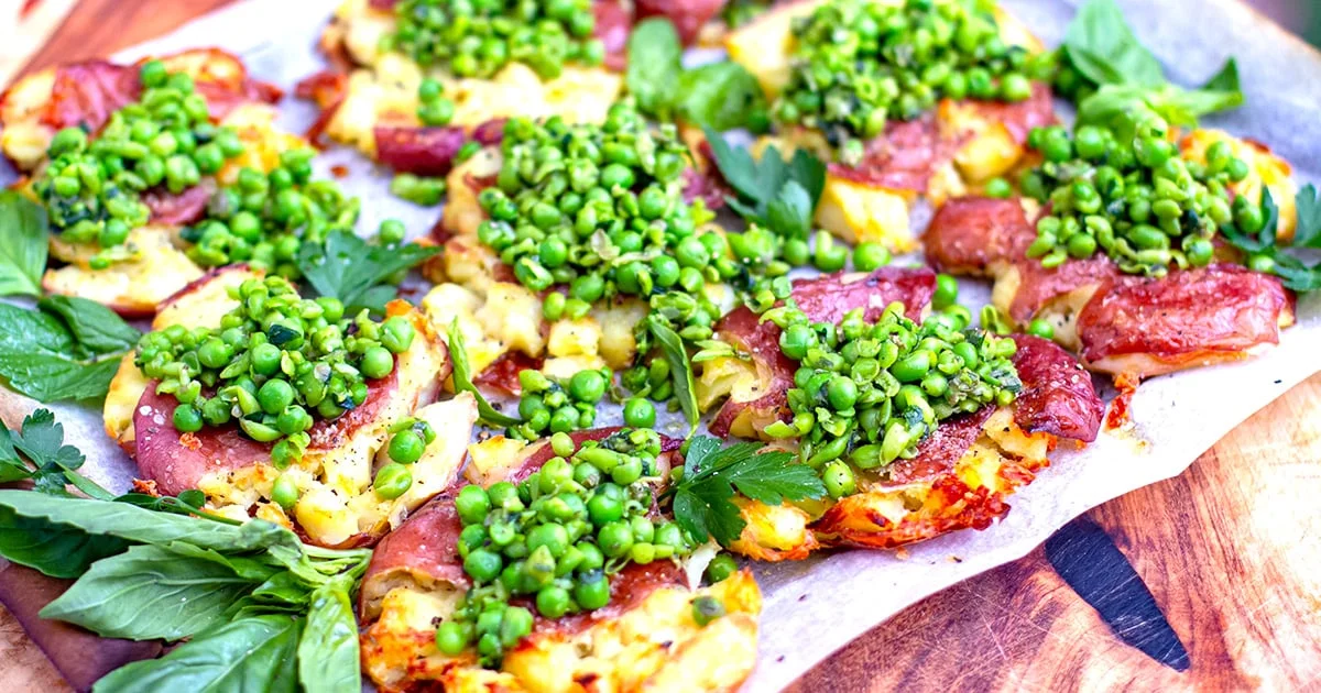Crispy Smashed Potatoes & Salsa Verde Peas