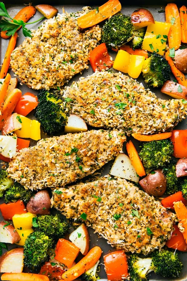 One Pan Crispy Walnut Herb Chicken and Vegetables
