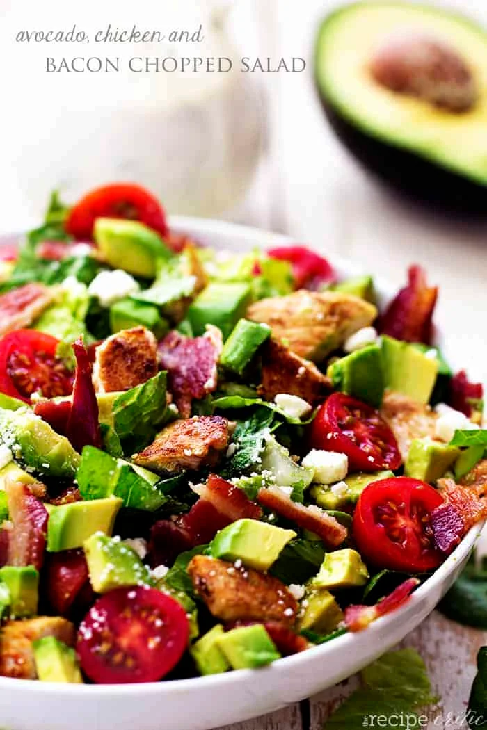 Avocado, Chicken and Bacon Chopped Salad with a Creamy Basil Dressing